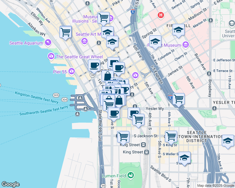 map of restaurants, bars, coffee shops, grocery stores, and more near 701 2nd Avenue in Seattle