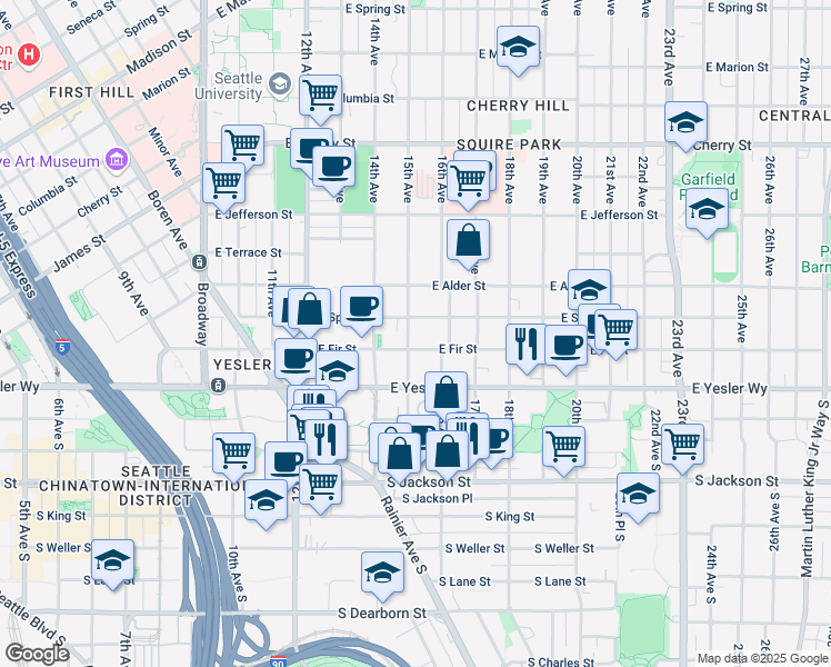 map of restaurants, bars, coffee shops, grocery stores, and more near 125 15th Avenue in Seattle