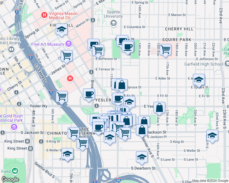 map of restaurants, bars, coffee shops, grocery stores, and more near in Seattle