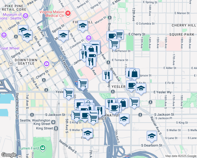 map of restaurants, bars, coffee shops, grocery stores, and more near 209 9th Avenue in Seattle