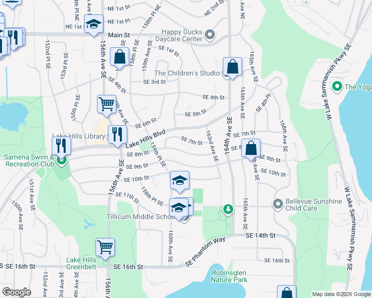 map of restaurants, bars, coffee shops, grocery stores, and more near 16204 Southeast 8th Street in Bellevue