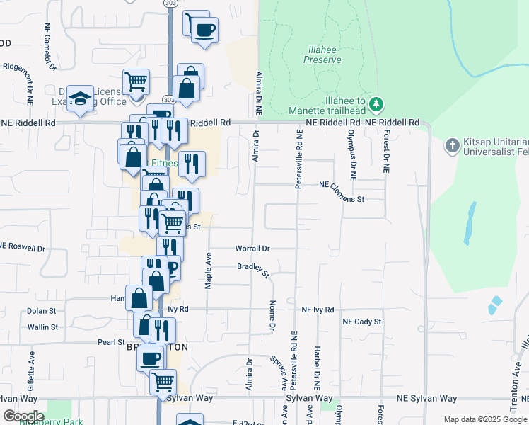 map of restaurants, bars, coffee shops, grocery stores, and more near 4209 Westview Drive in Bremerton