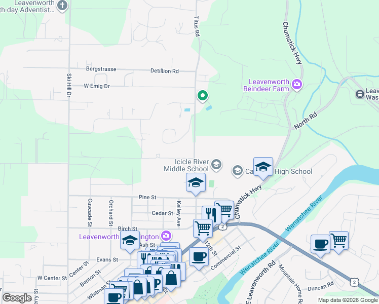 map of restaurants, bars, coffee shops, grocery stores, and more near 10170 Titus Road in Leavenworth