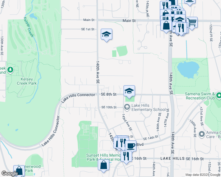 map of restaurants, bars, coffee shops, grocery stores, and more near 14201 Southeast 8th Street in Bellevue