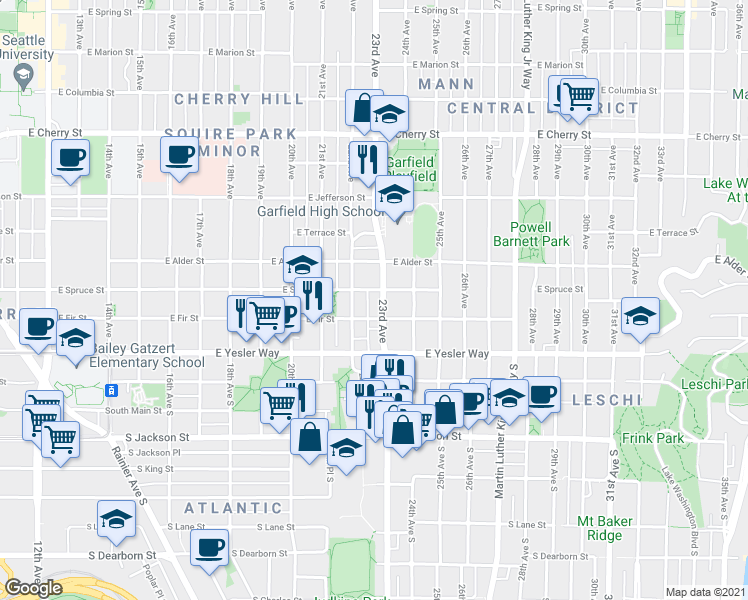 map of restaurants, bars, coffee shops, grocery stores, and more near 129 23rd Avenue in Seattle
