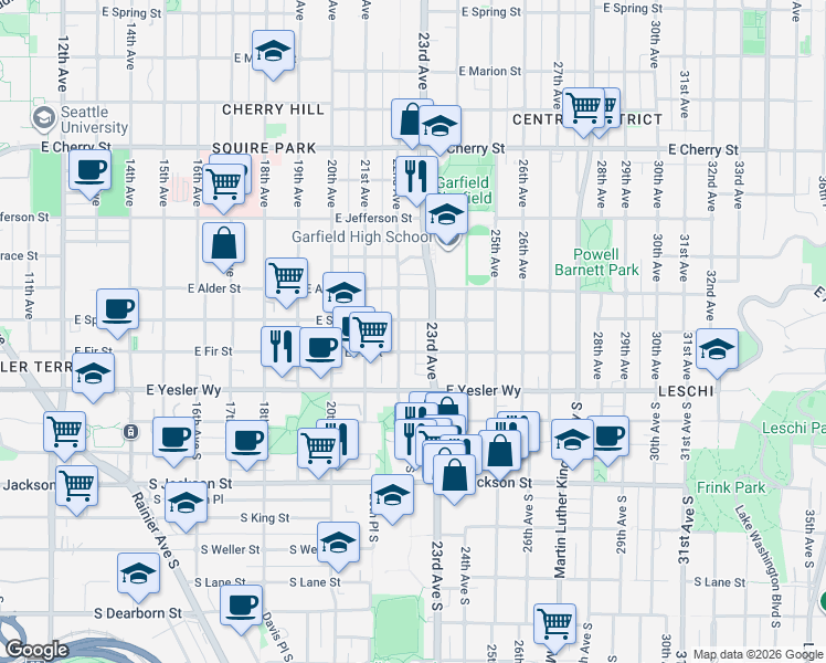 map of restaurants, bars, coffee shops, grocery stores, and more near 129 23rd Avenue in Seattle