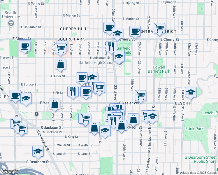 map of restaurants, bars, coffee shops, grocery stores, and more near 127 East Fir Street in Seattle