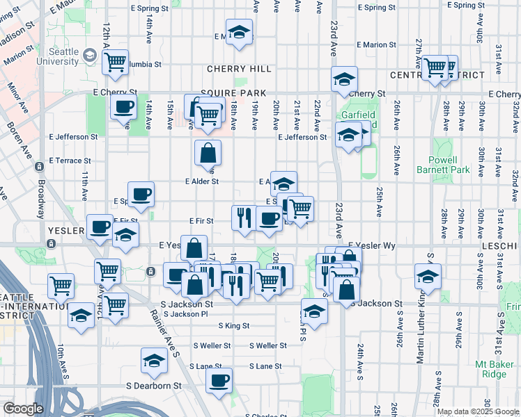map of restaurants, bars, coffee shops, grocery stores, and more near 1905 East Fir Street in Seattle