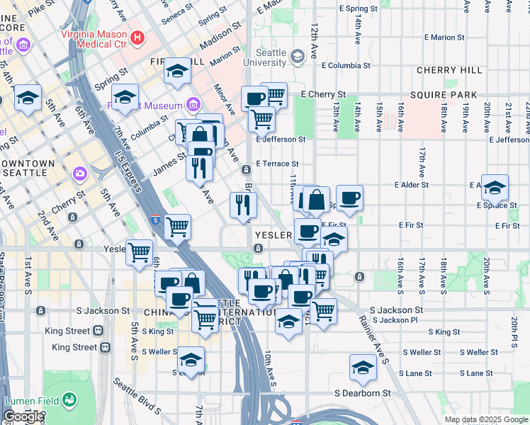 map of restaurants, bars, coffee shops, grocery stores, and more near 624 Broadway in Seattle