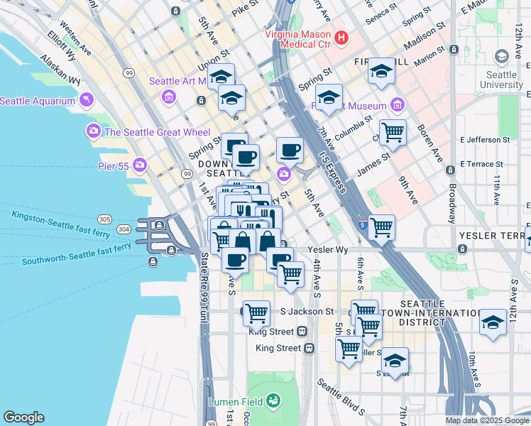 map of restaurants, bars, coffee shops, grocery stores, and more near 602 2nd Avenue in Seattle