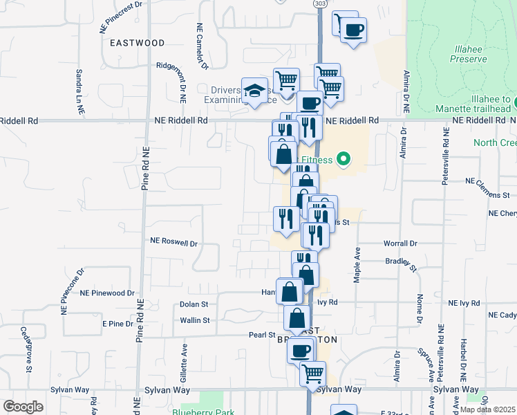 map of restaurants, bars, coffee shops, grocery stores, and more near 4173 Wheaton Way in Bremerton