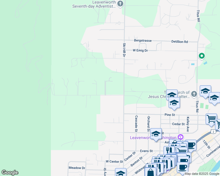 map of restaurants, bars, coffee shops, grocery stores, and more near 12548 Ranger Road in Leavenworth