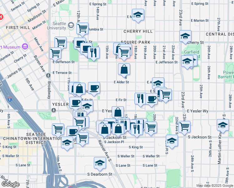 map of restaurants, bars, coffee shops, grocery stores, and more near 124 16th Avenue in Seattle