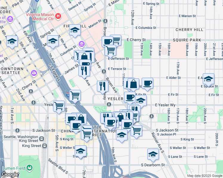 map of restaurants, bars, coffee shops, grocery stores, and more near 915 East Spruce Street in Seattle