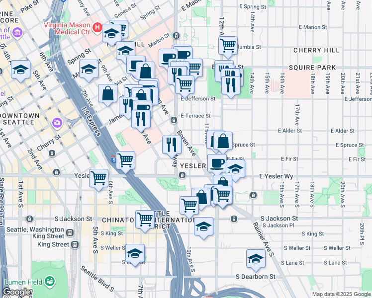 map of restaurants, bars, coffee shops, grocery stores, and more near in Seattle
