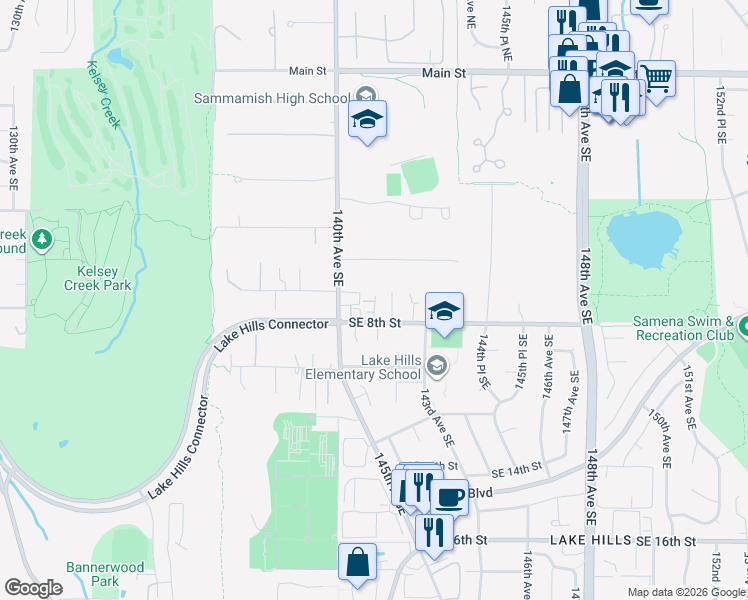 map of restaurants, bars, coffee shops, grocery stores, and more near 636 140th Court Southeast in Bellevue