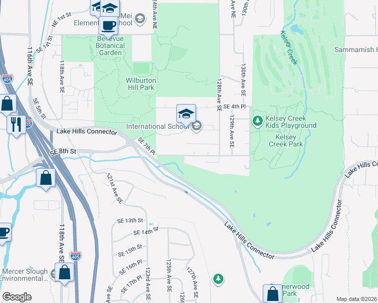 map of restaurants, bars, coffee shops, grocery stores, and more near 445 128th Avenue Southeast in Bellevue