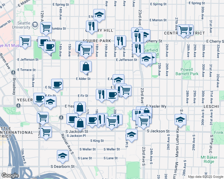 map of restaurants, bars, coffee shops, grocery stores, and more near 1913 East Alder Street in Seattle