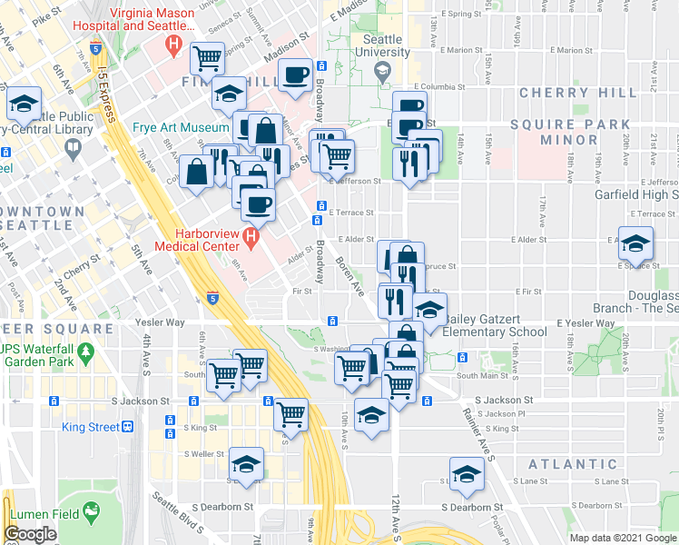 map of restaurants, bars, coffee shops, grocery stores, and more near in Seattle