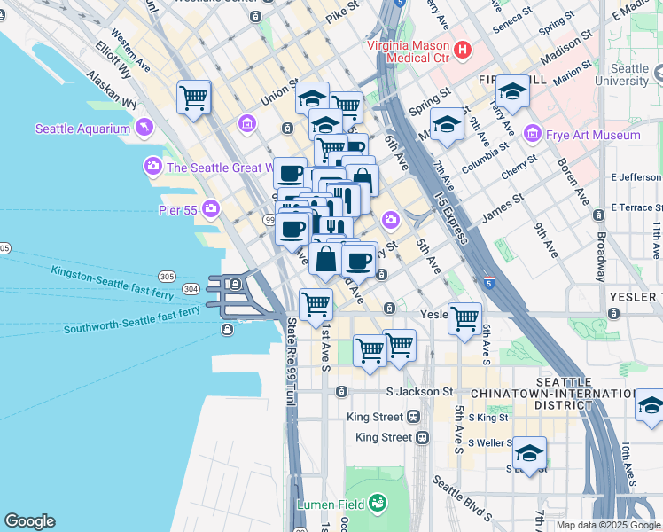 map of restaurants, bars, coffee shops, grocery stores, and more near 804 2nd Avenue in Seattle