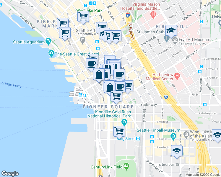 map of restaurants, bars, coffee shops, grocery stores, and more near 715 2nd Avenue South in Seattle