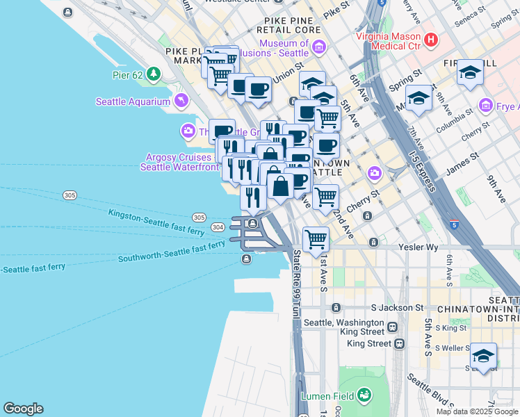 map of restaurants, bars, coffee shops, grocery stores, and more near 911 Alaskan Way in Seattle