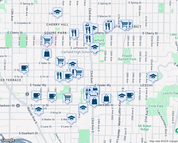 map of restaurants, bars, coffee shops, grocery stores, and more near 217 23rd Avenue in Seattle