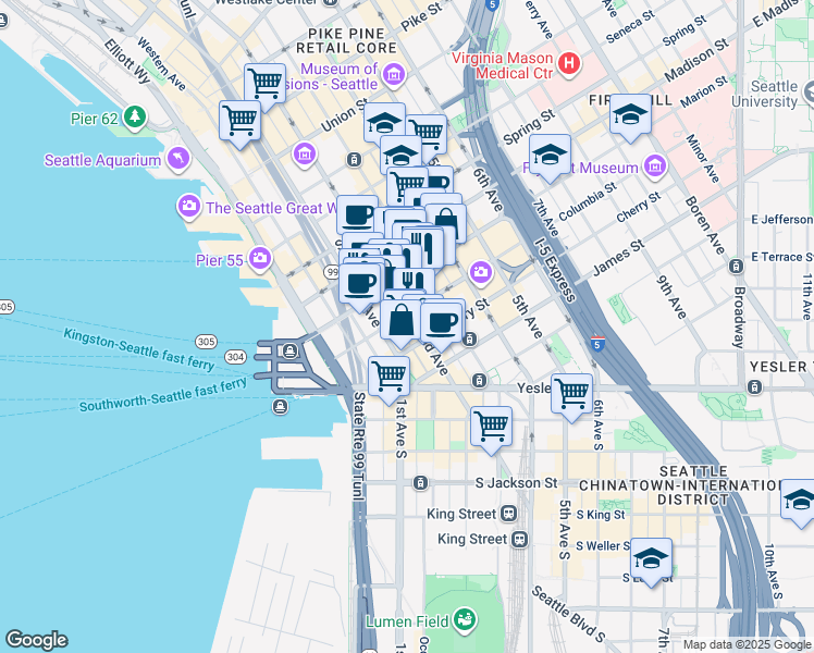 map of restaurants, bars, coffee shops, grocery stores, and more near 804 2nd Avenue in Seattle