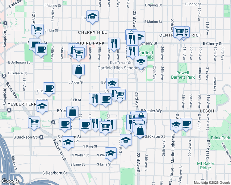 map of restaurants, bars, coffee shops, grocery stores, and more near 215 21st Avenue in Seattle