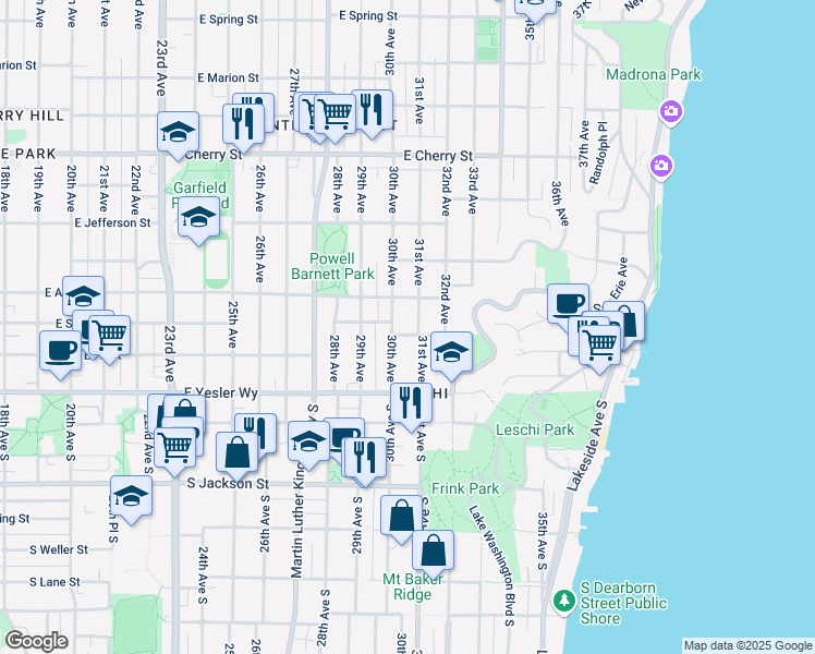 map of restaurants, bars, coffee shops, grocery stores, and more near 3001 East Alder Street in Seattle