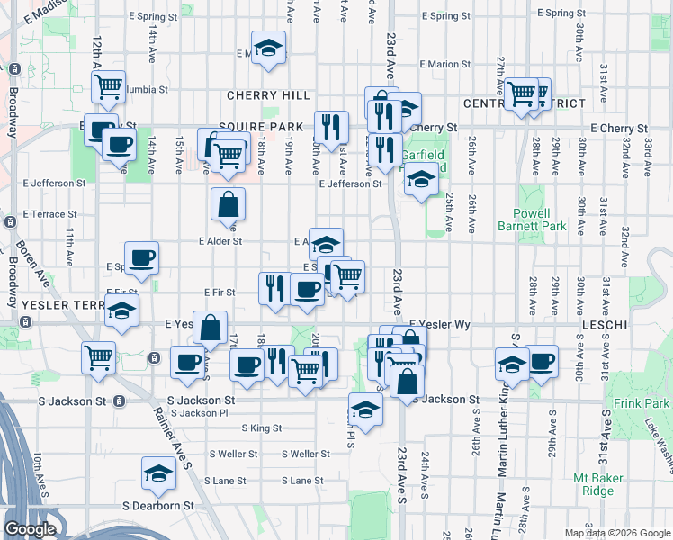 map of restaurants, bars, coffee shops, grocery stores, and more near 215 21st Avenue in Seattle