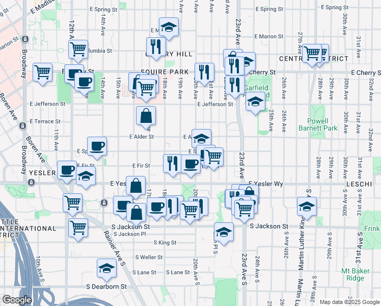 map of restaurants, bars, coffee shops, grocery stores, and more near 1913 East Alder Street in Seattle
