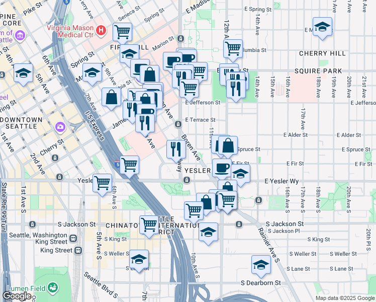 map of restaurants, bars, coffee shops, grocery stores, and more near 208 Broadway in Seattle