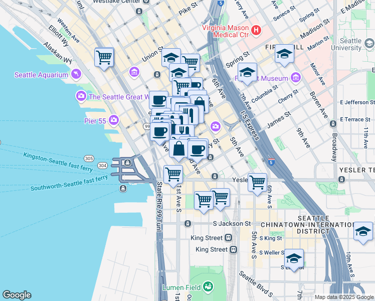 map of restaurants, bars, coffee shops, grocery stores, and more near 804 2nd Avenue in Seattle