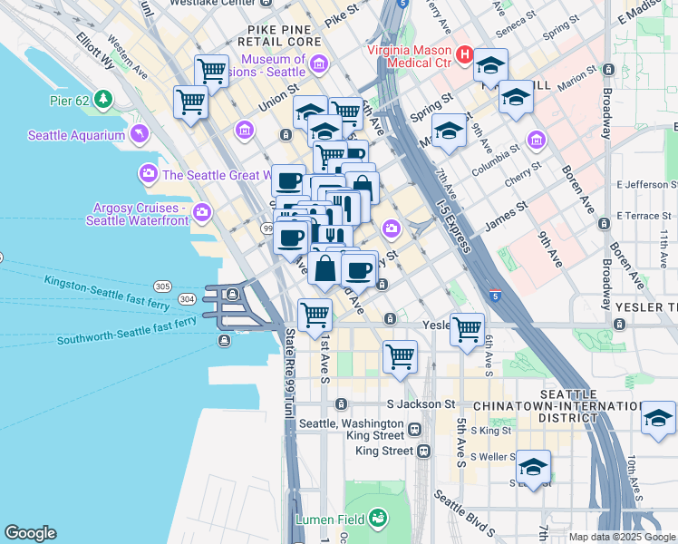 map of restaurants, bars, coffee shops, grocery stores, and more near 804 2nd Avenue in Seattle