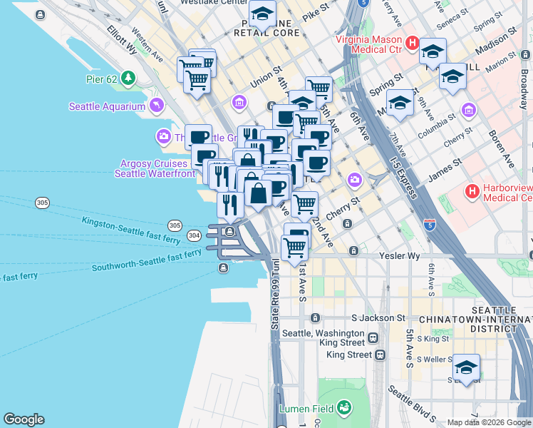 map of restaurants, bars, coffee shops, grocery stores, and more near 888 Western Avenue in Seattle