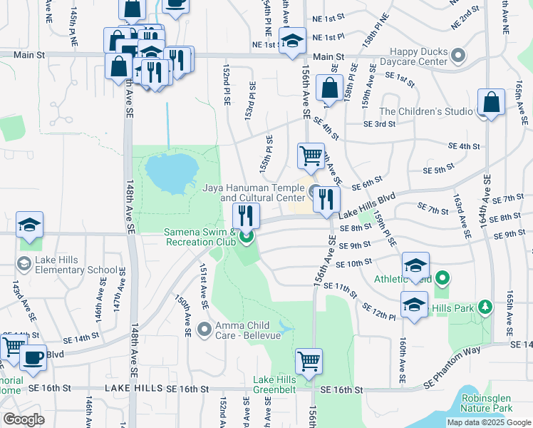map of restaurants, bars, coffee shops, grocery stores, and more near 15423 Southeast 7th Place in Bellevue