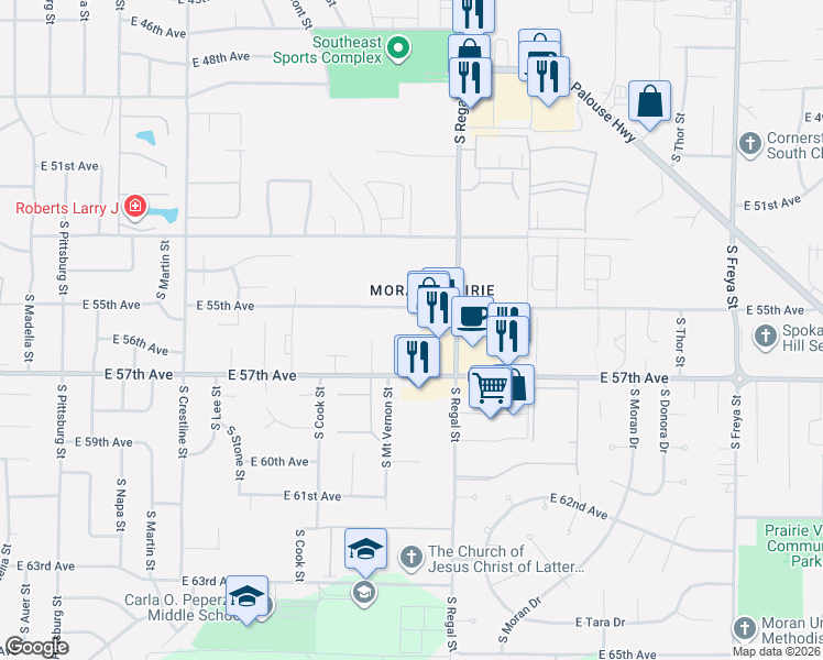 map of restaurants, bars, coffee shops, grocery stores, and more near 2702 East 55th Avenue in Spokane