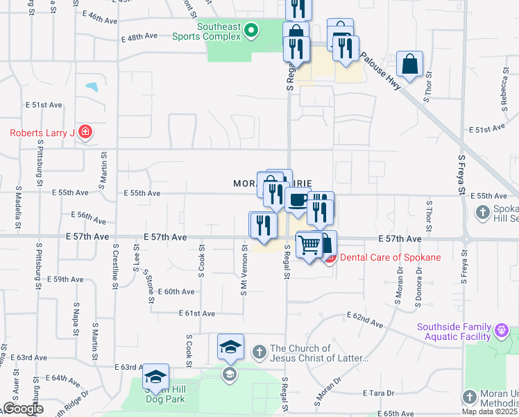 map of restaurants, bars, coffee shops, grocery stores, and more near 2702 East 55th Avenue in Spokane