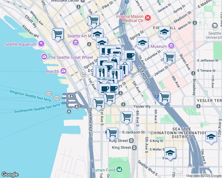 map of restaurants, bars, coffee shops, grocery stores, and more near 706 3rd Avenue in Seattle