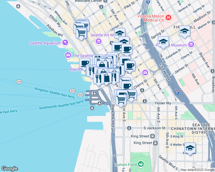 map of restaurants, bars, coffee shops, grocery stores, and more near 888 Western Avenue in Seattle