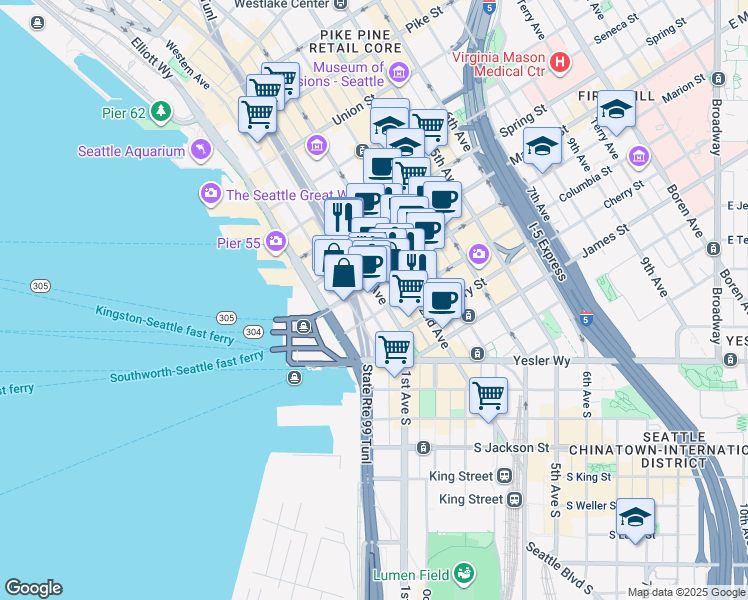 map of restaurants, bars, coffee shops, grocery stores, and more near 815 1st Avenue in Seattle