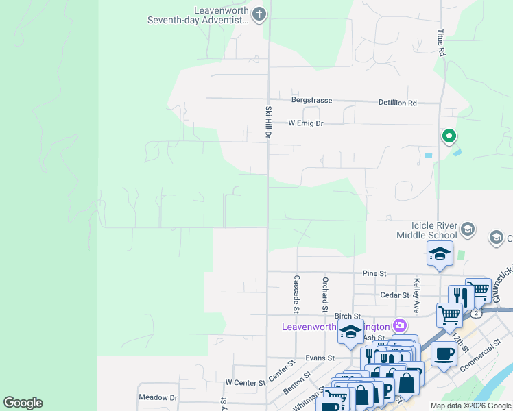 map of restaurants, bars, coffee shops, grocery stores, and more near 10196 Ski Hill Drive in Leavenworth