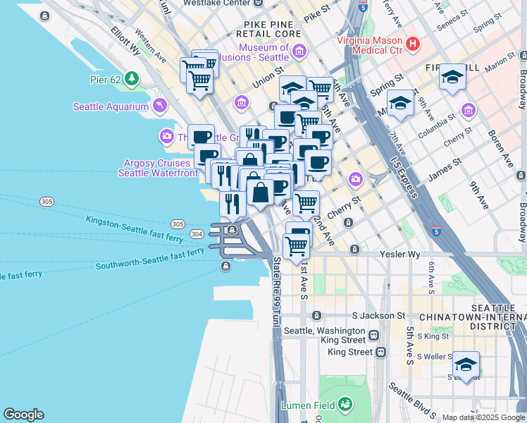 map of restaurants, bars, coffee shops, grocery stores, and more near 888 Western Avenue in Seattle