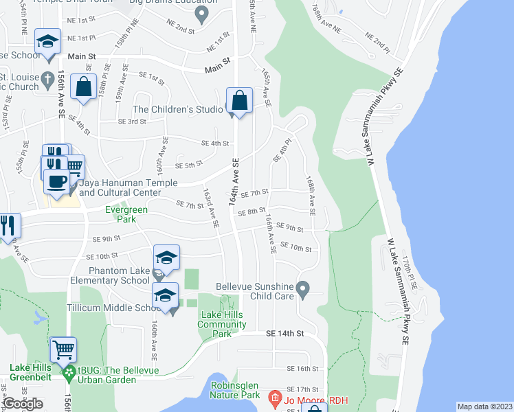 map of restaurants, bars, coffee shops, grocery stores, and more near 16447 Southeast 7th Street in Bellevue