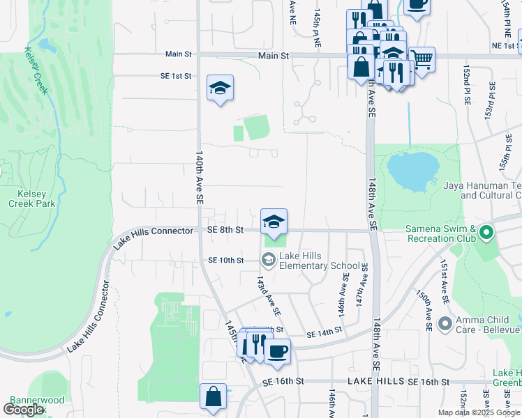 map of restaurants, bars, coffee shops, grocery stores, and more near 14317 Southeast 6th Street in Bellevue