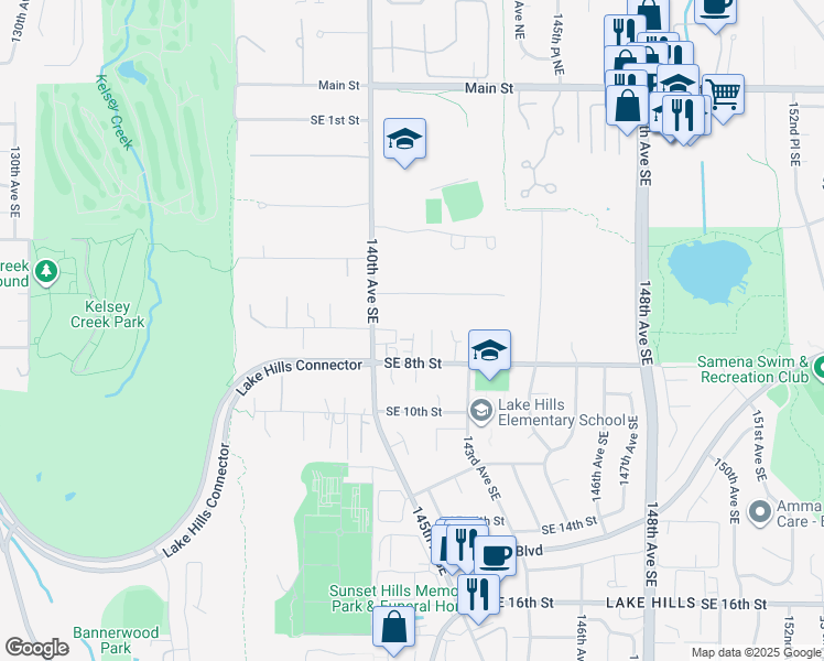 map of restaurants, bars, coffee shops, grocery stores, and more near 636 140th Court Southeast in Bellevue