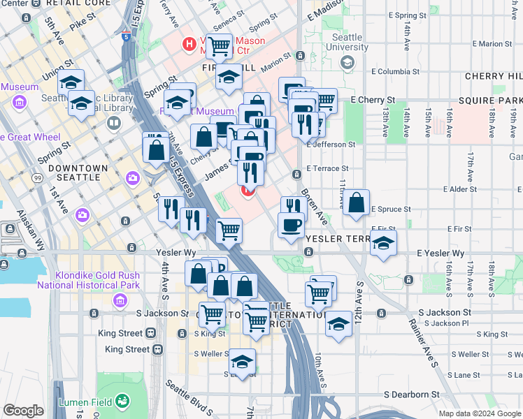 map of restaurants, bars, coffee shops, grocery stores, and more near in Seattle