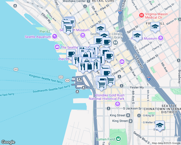 map of restaurants, bars, coffee shops, grocery stores, and more near 911 Western Avenue in Seattle
