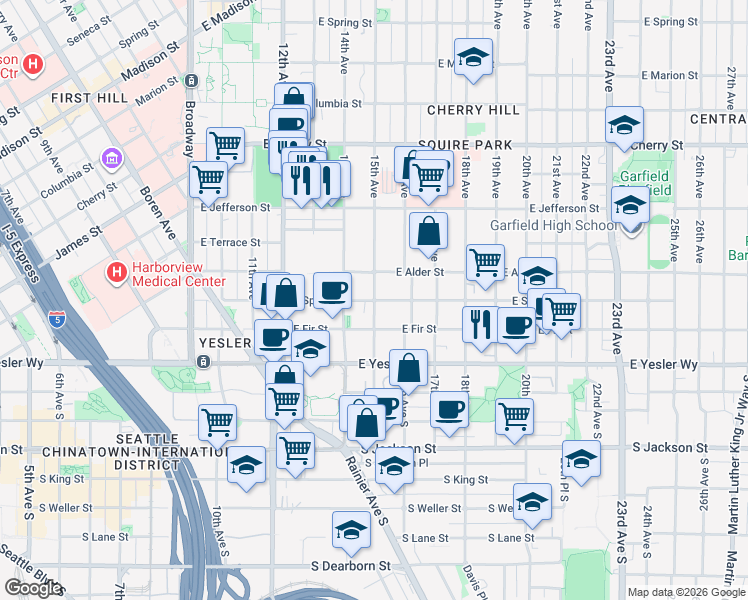 map of restaurants, bars, coffee shops, grocery stores, and more near East Spruce Street & 15th Avenue in Seattle